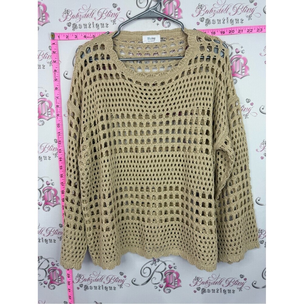 Bluivy sweater Open-Weave Tan Crochet Sweater - Lightweight Layering Pullover